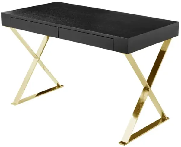 Ada Office Desk, 2 Drawers, Black Wood and Gold X Steel Legs, 47 Inch - Benzara