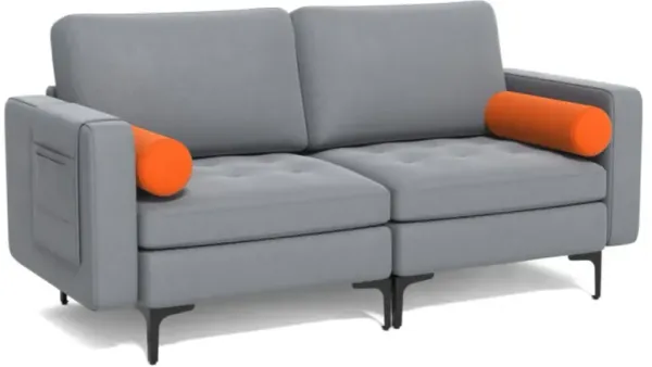 Modern Loveseat Sofa with 2 Bolsters and Side Storage Pocket