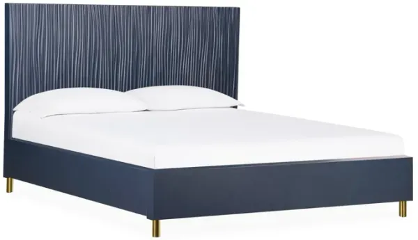 Herst Modern California King Bed, Brass Metal Legs, Wavy Texture Navy Blue - Benzara