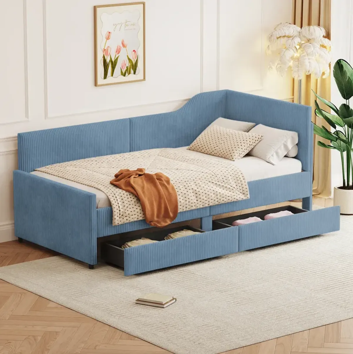 Merax L-Shaped Corduroy Daybed with 2 Storage Drawers