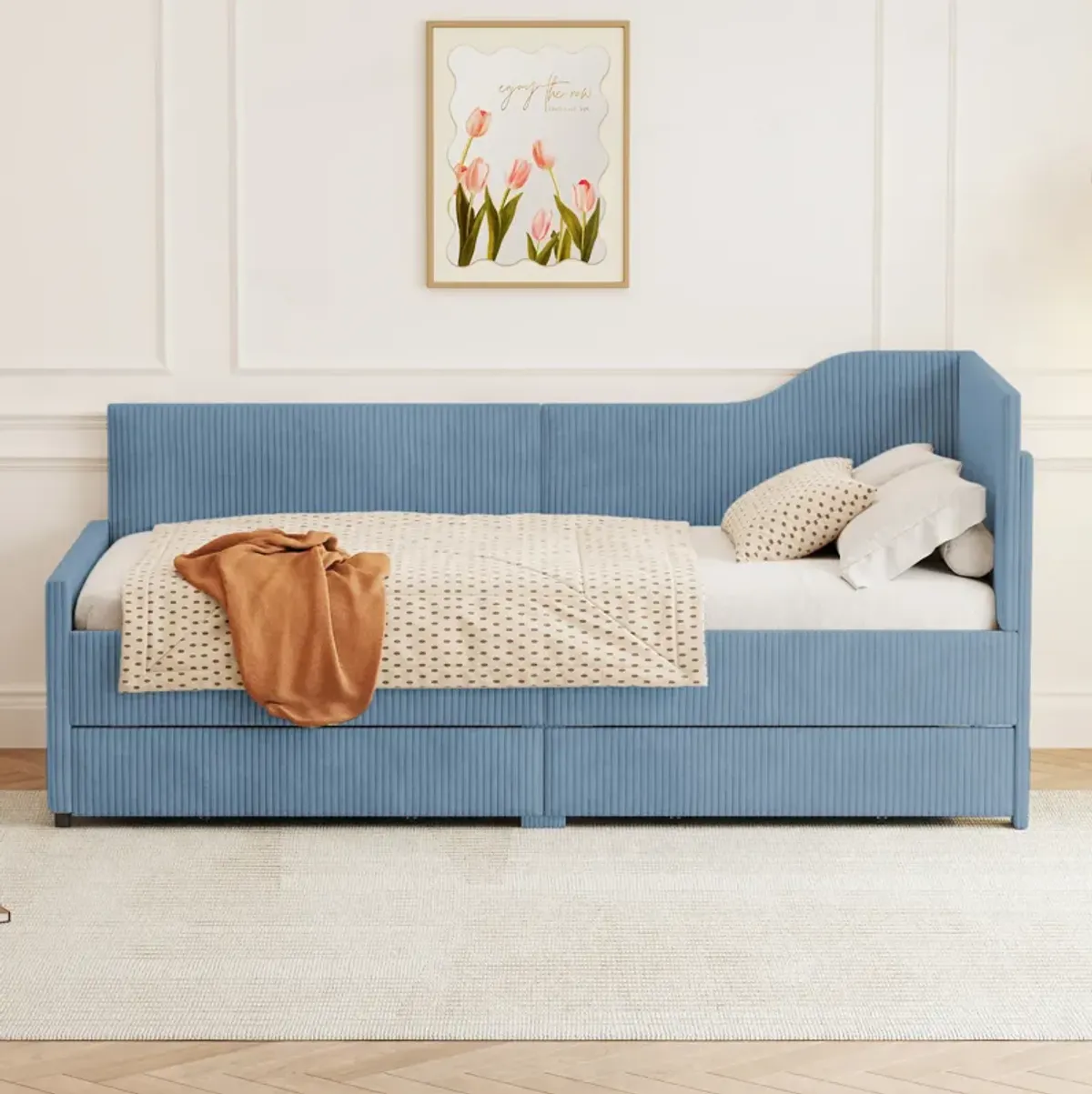 Merax L-Shaped Corduroy Daybed with 2 Storage Drawers