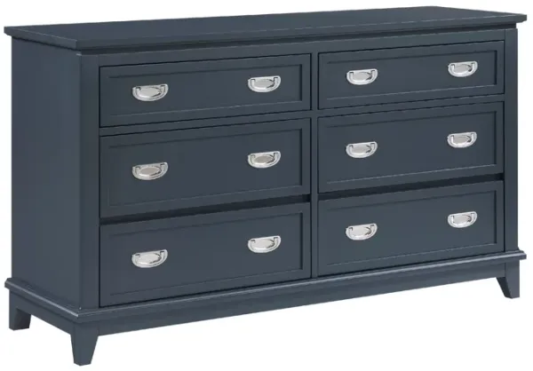 Sely Dresser, 55 Inch, 6 Drawers, Navy Blue Wood Nickel Ring Handles - Benzara
