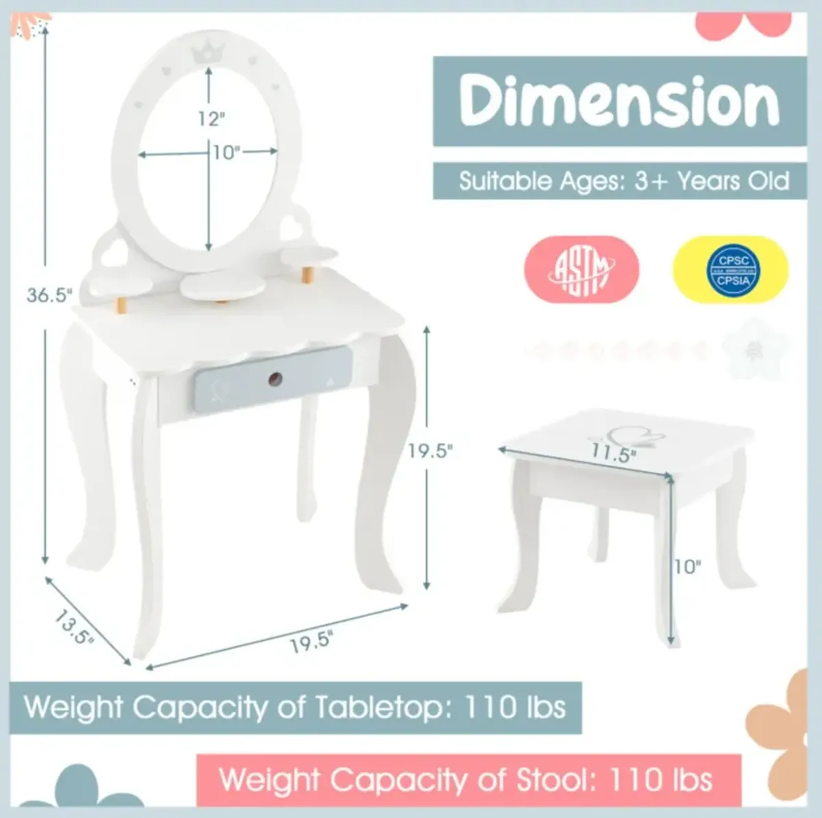 Hivvago Kids 2-in-1 Princess Makeup Table and Chair Set with Removable Mirror-White