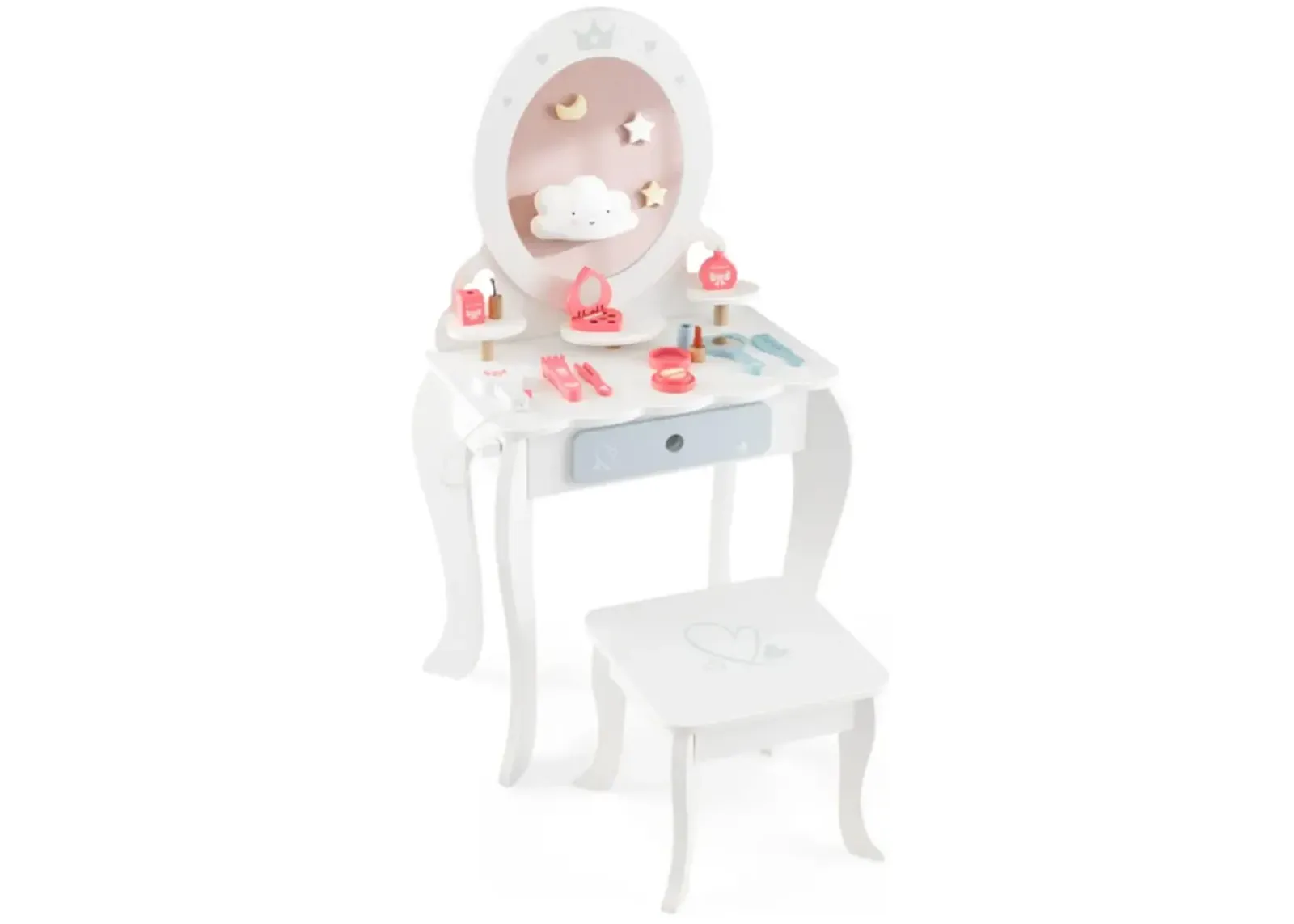 Hivvago Kids 2-in-1 Princess Makeup Table and Chair Set with Removable Mirror-White