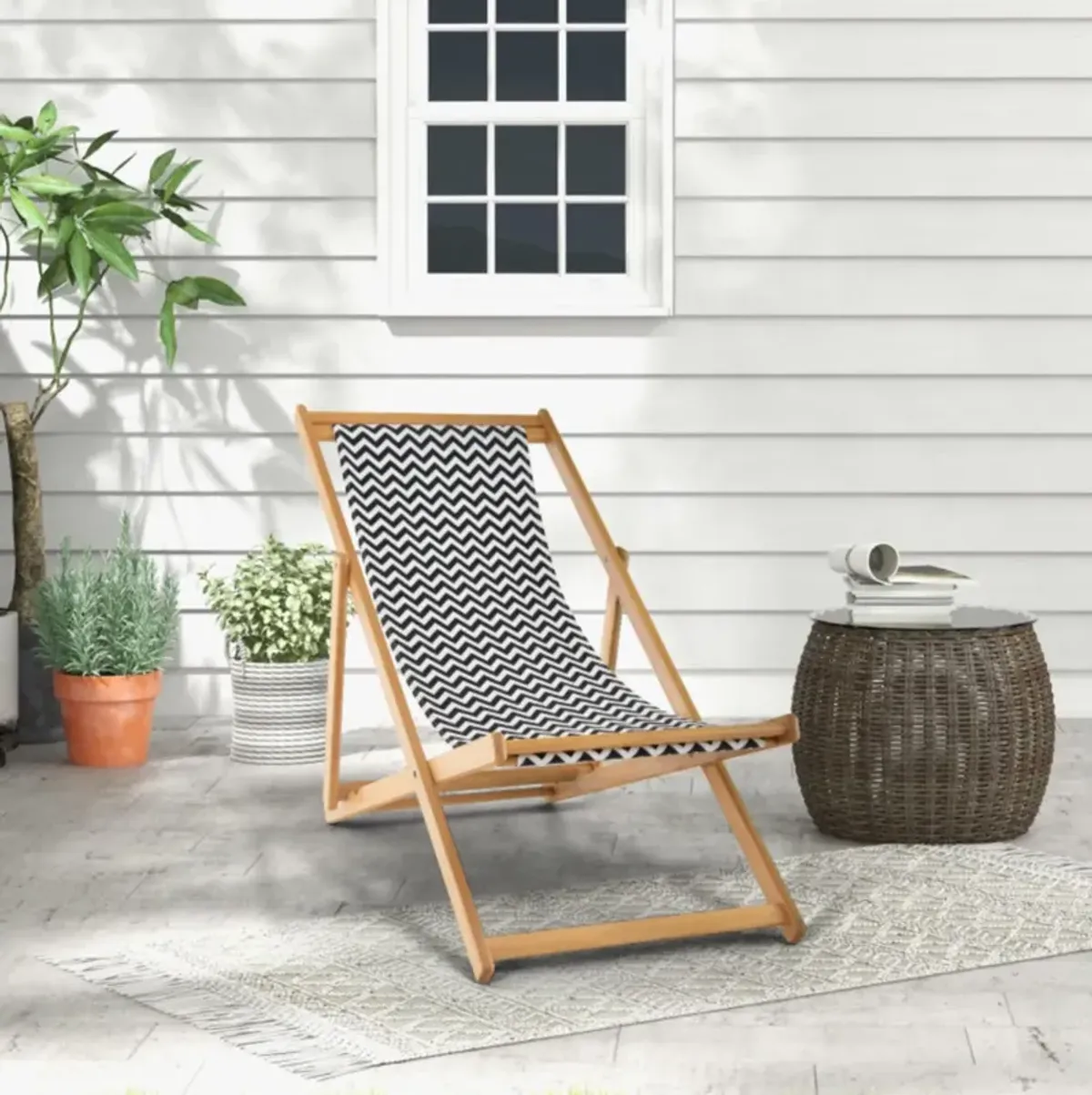 Hivvago Folding Bamboo Sling Chair with Adjustable Backrest and Canvas-Natural