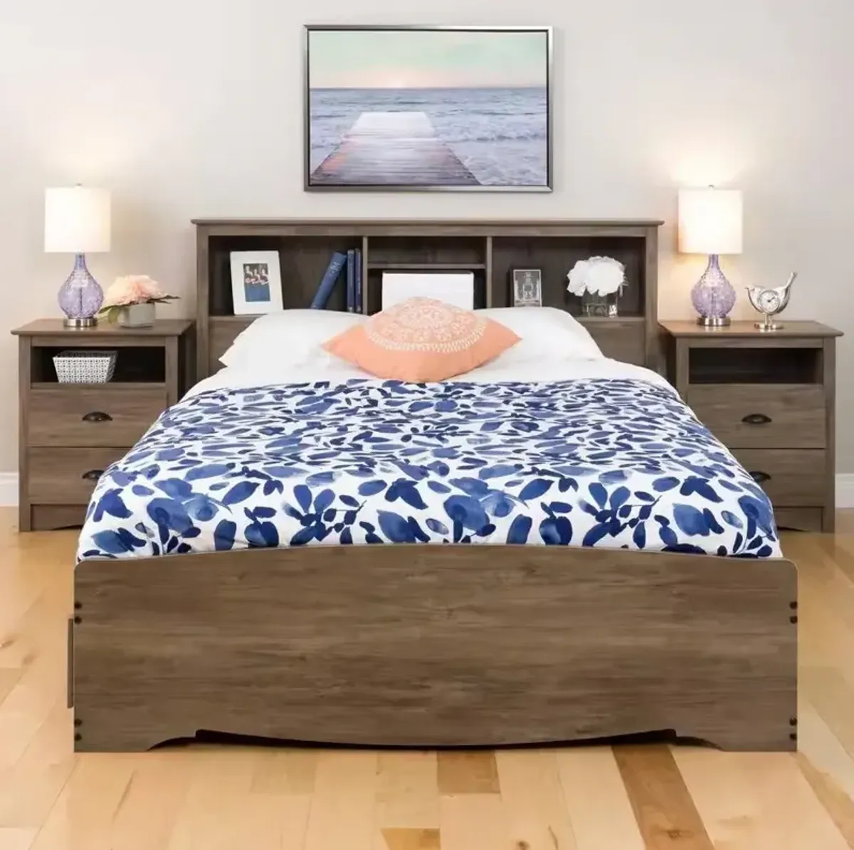 Wooden Farmhouse Bookcase Headboard with Built-In Shelves for Bed Storage