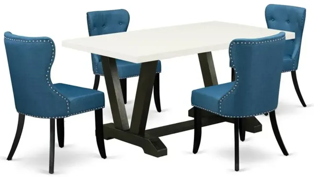 East West Furniture V626SI121-5 5-Piece Modern Dining Set- 4 Parson Chairs with Blue Linen Fabric Seat and Button Tufted Chair Back - Rectangular Table Top & Wooden Legs - Linen White and Black Finish