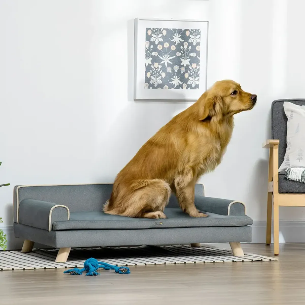 Grey Pet Lounger: Large Dog Sofa with Water-Resistant Fabric & Wooden Legs