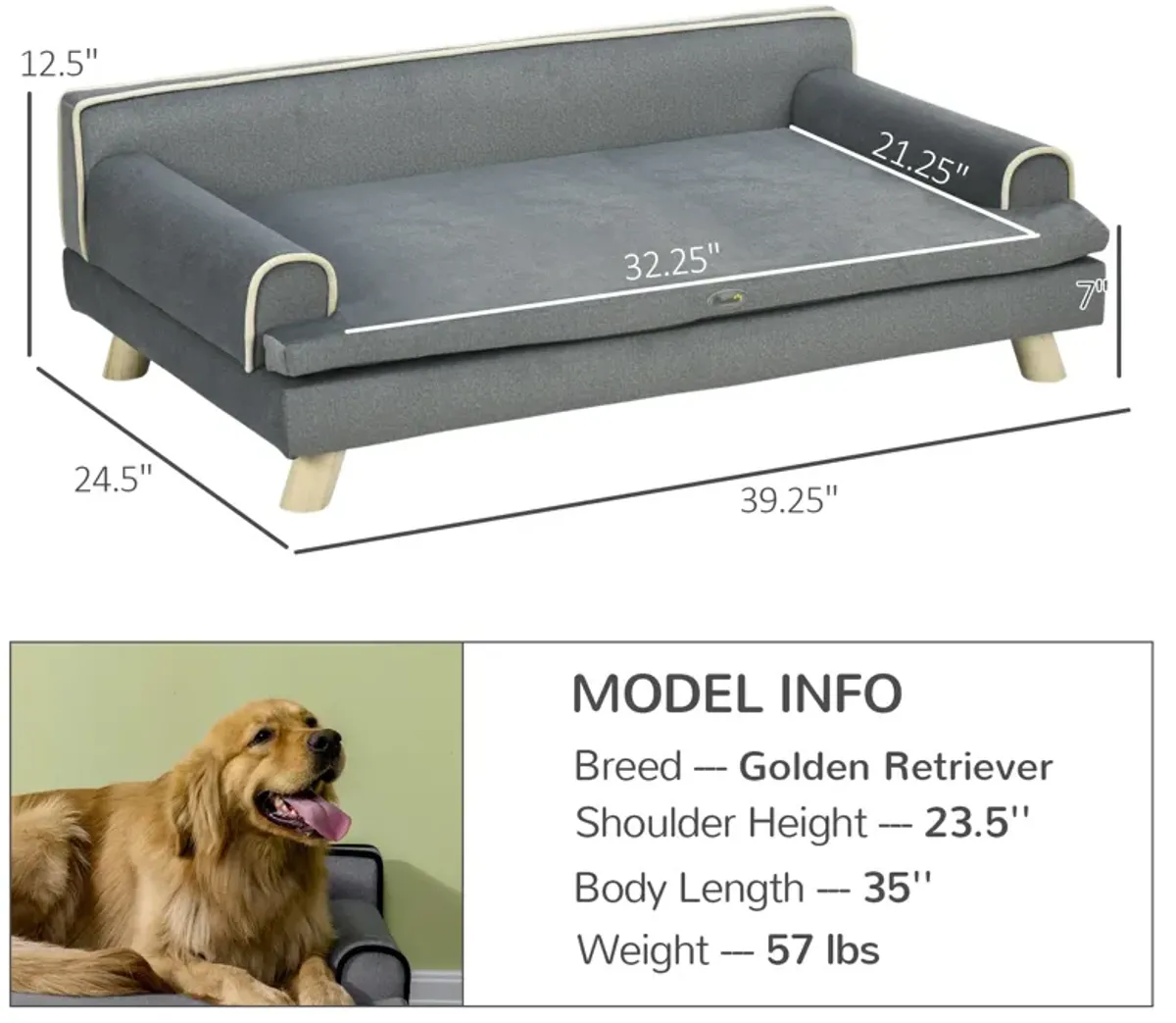 Grey Pet Lounger: Large Dog Sofa with Water-Resistant Fabric & Wooden Legs