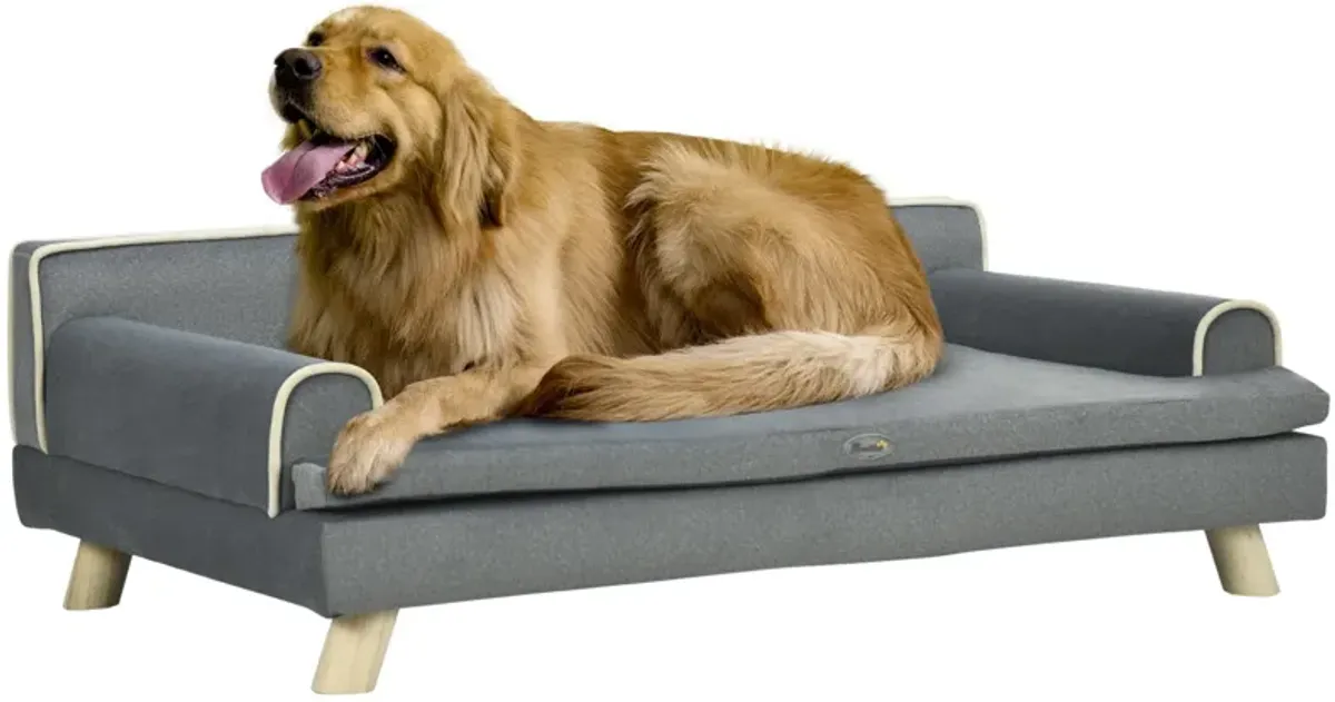 Grey Pet Lounger: Large Dog Sofa with Water-Resistant Fabric & Wooden Legs