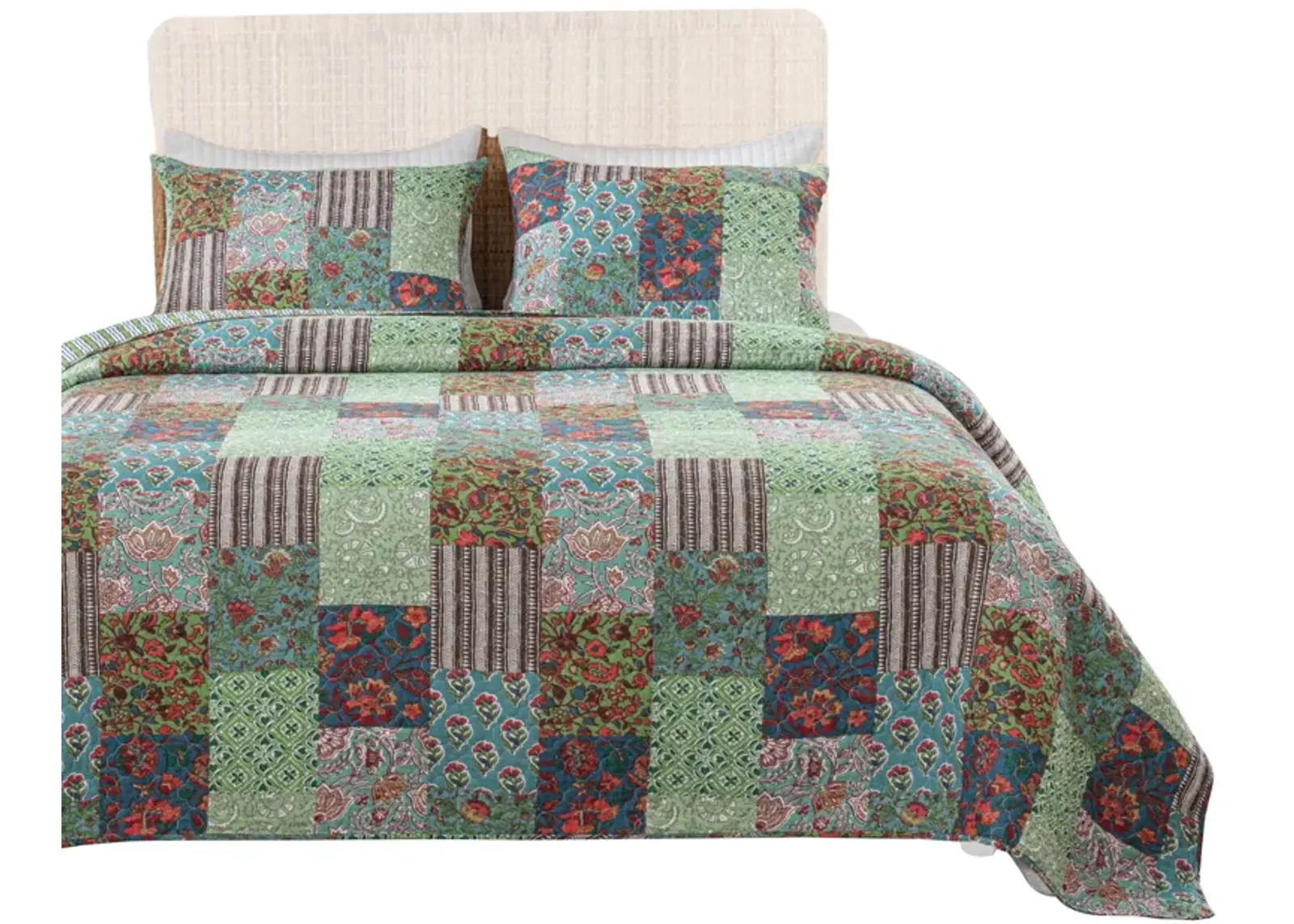 Aby 3 Piece Queen Quilt Set with 2 Pillow Shams, Multicolor - Benzara