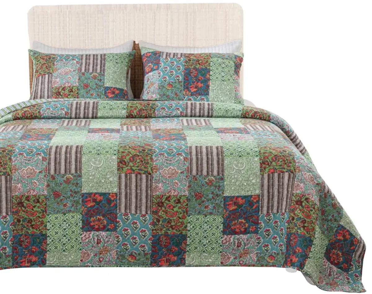 Aby 3 Piece Queen Quilt Set with 2 Pillow Shams, Multicolor - Benzara