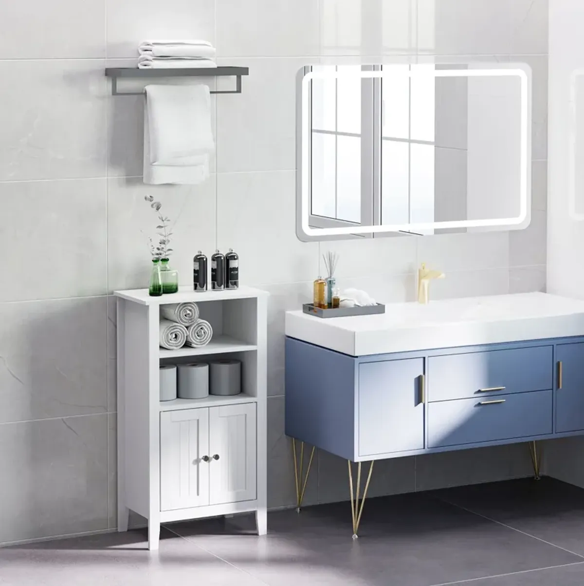 White Bathroom Storage: Compact Floor Cabinet with Double Doors