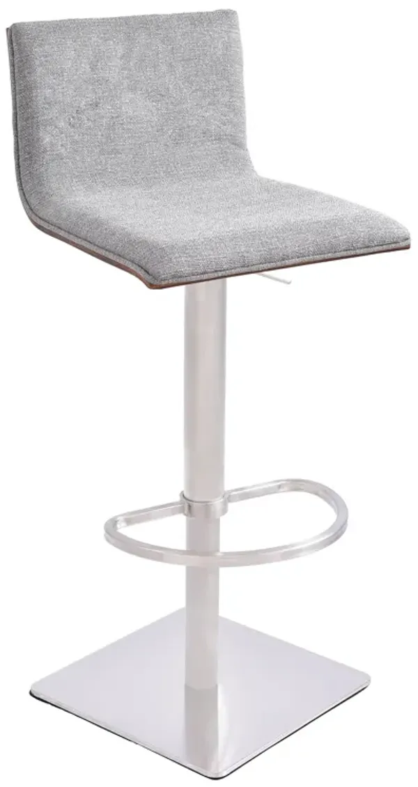 Crystal Adjustable Height Swivel Grey Fabric and Walnut Stool with Brushed Stainless Steel Base