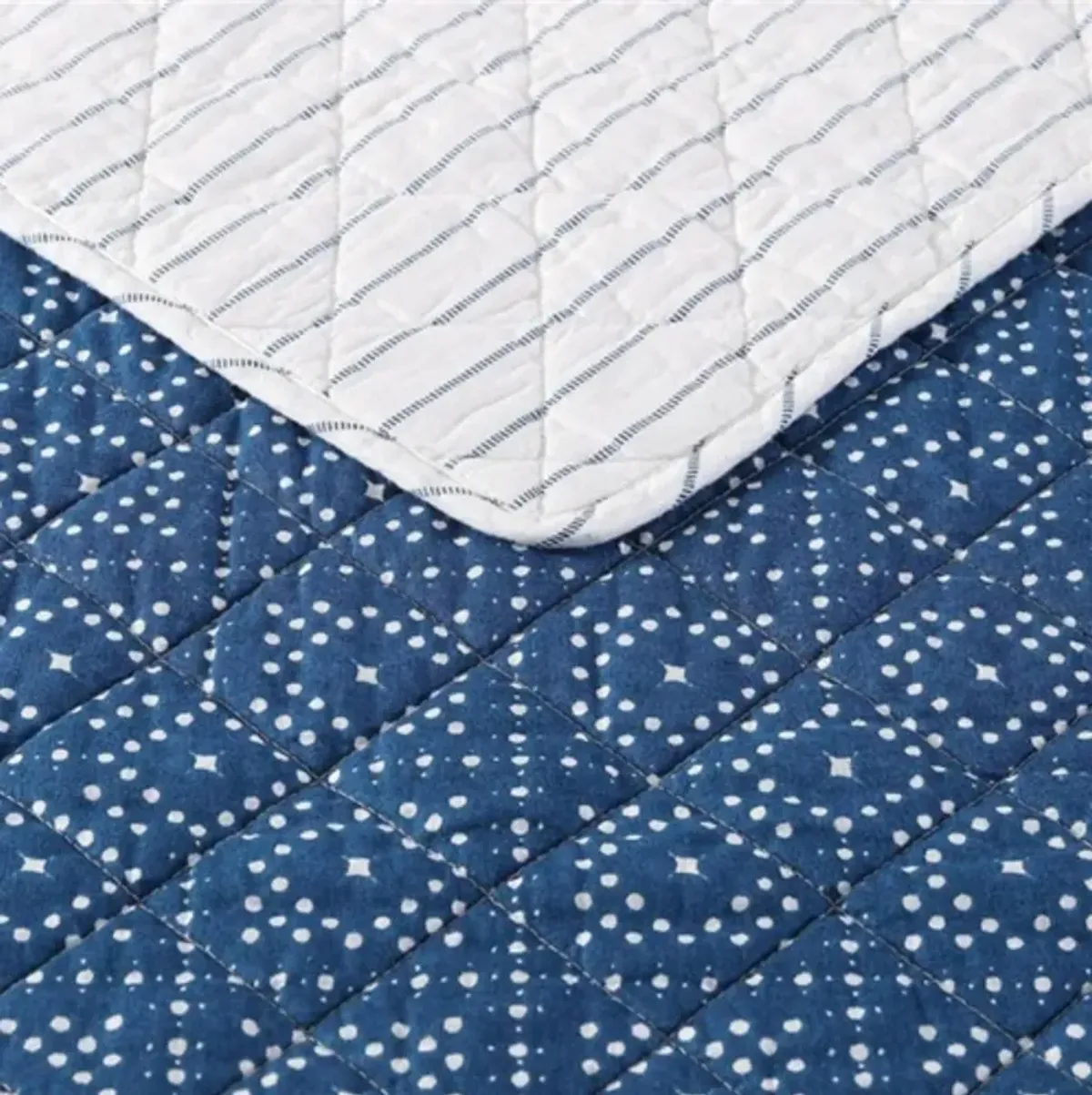 Full Queen Blue White Dots and Stripes 100 Percent Cotton Reversible Quilt Set