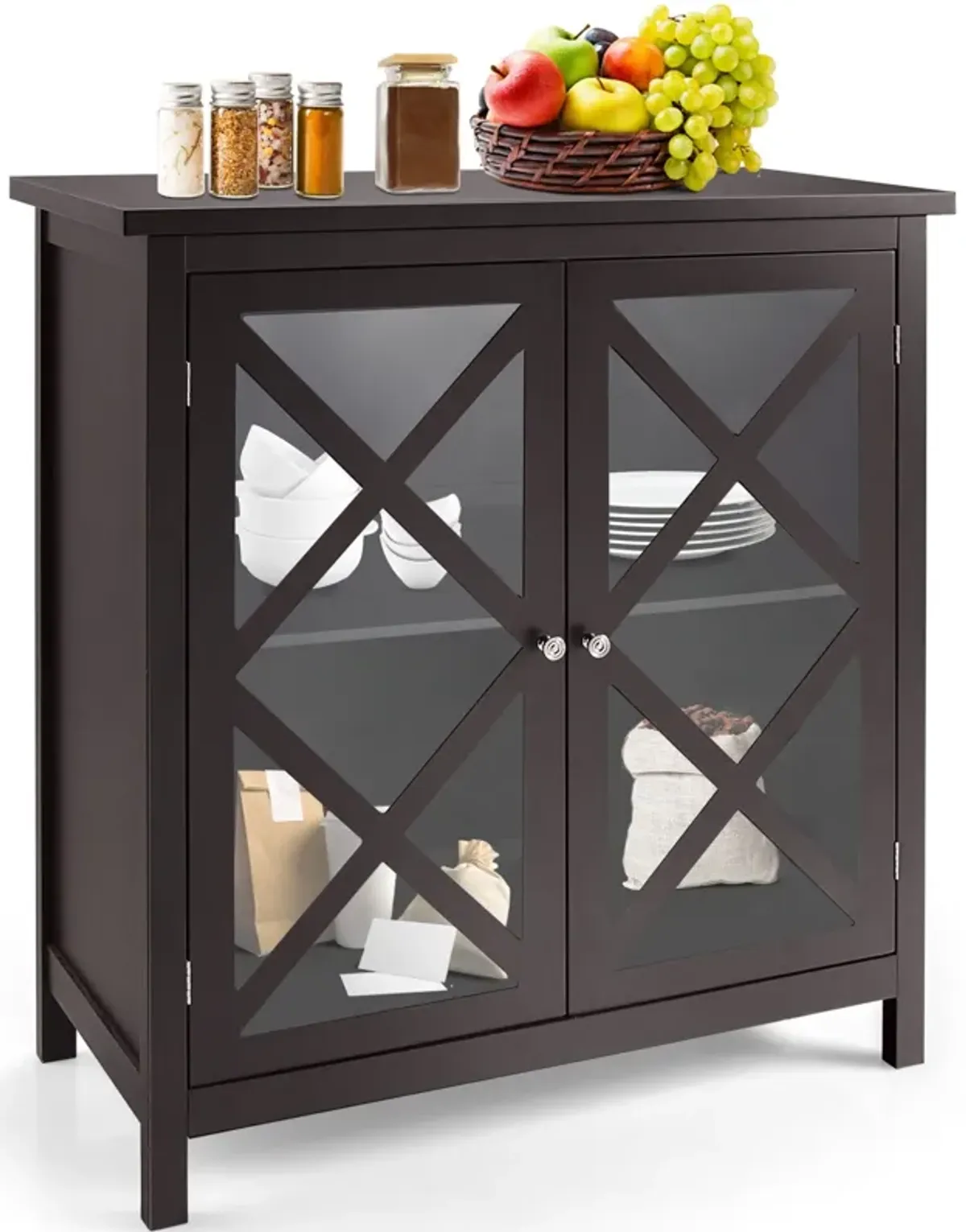 Freestanding Kitchen Buffet Cabinet with Glass Doors and Adjustable Shelf