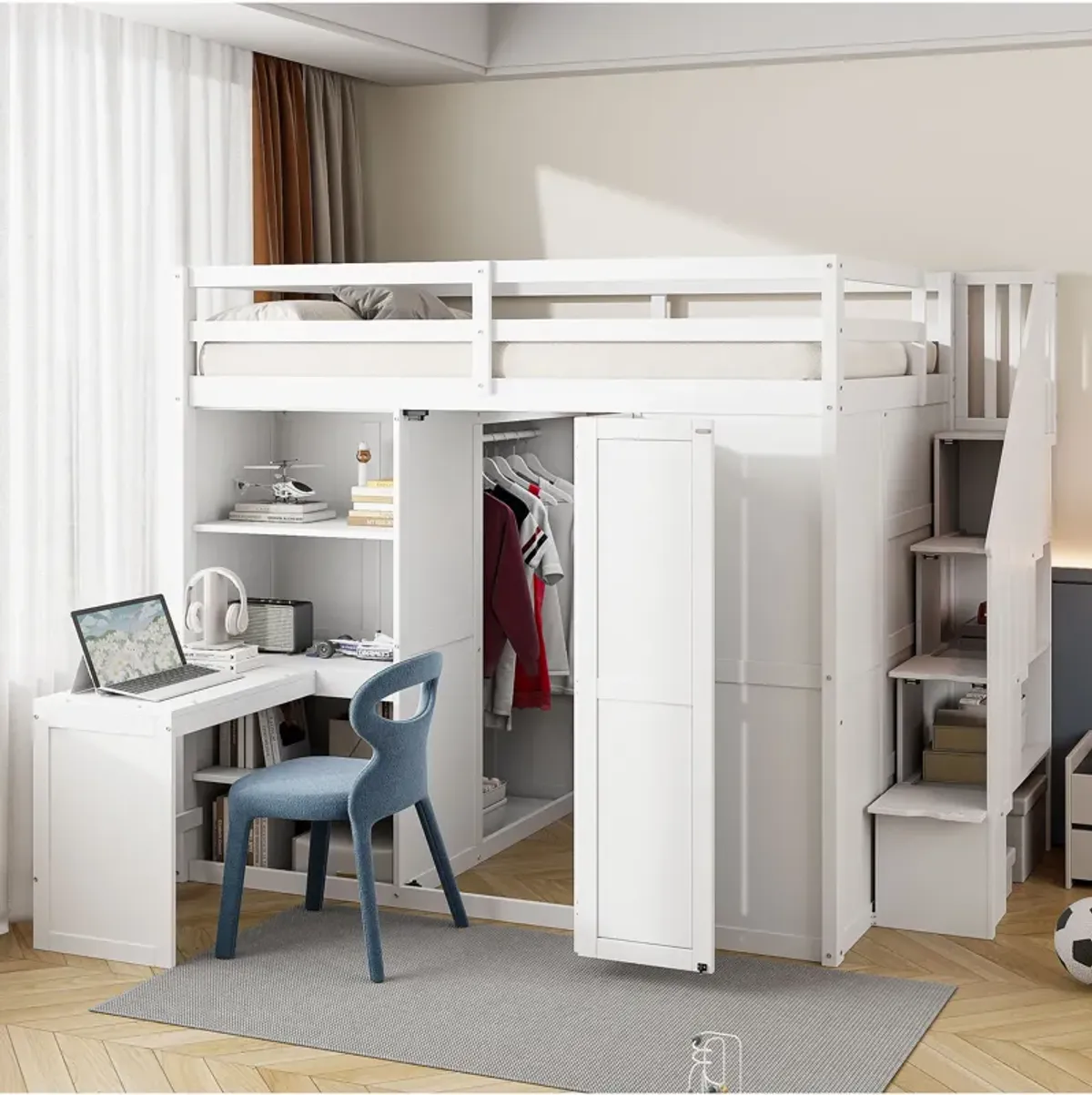 Merax Storage Loft Bed with Wardrobe,Desk and Shelves