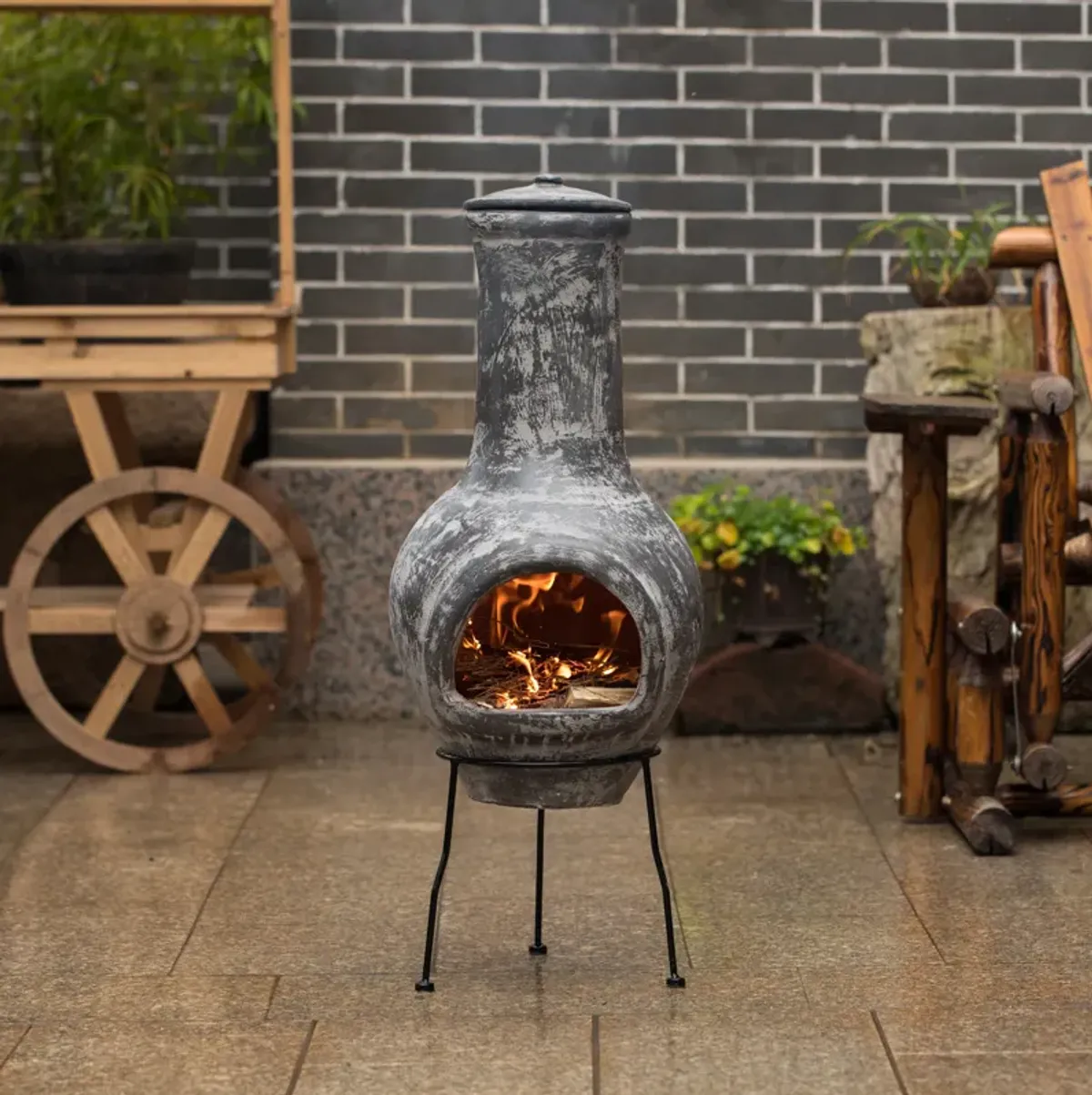 Gray Outdoor Clay Chiminea Outdoor Fireplace Stoney Scribbled Design Charcoal Burning Fire Pit with Sturdy Metal Stand, Barbecue, Cocktail Party, Family Gathering, Cozy Nights Fire Pit