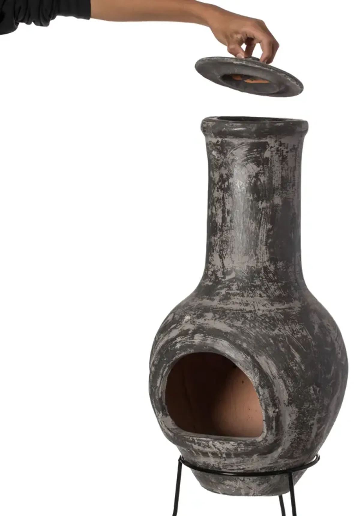 Gray Outdoor Clay Chiminea Outdoor Fireplace Stoney Scribbled Design Charcoal Burning Fire Pit with Sturdy Metal Stand, Barbecue, Cocktail Party, Family Gathering, Cozy Nights Fire Pit