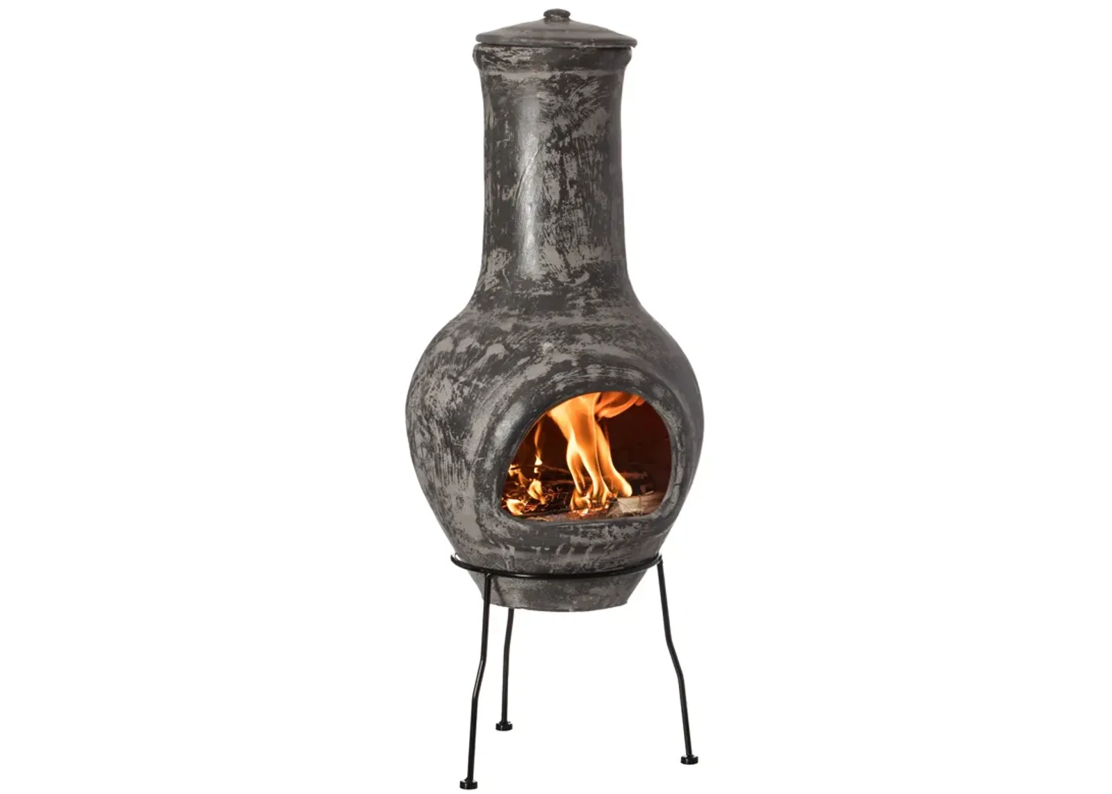 Gray Outdoor Clay Chiminea Outdoor Fireplace Stoney Scribbled Design Charcoal Burning Fire Pit with Sturdy Metal Stand, Barbecue, Cocktail Party, Family Gathering, Cozy Nights Fire Pit