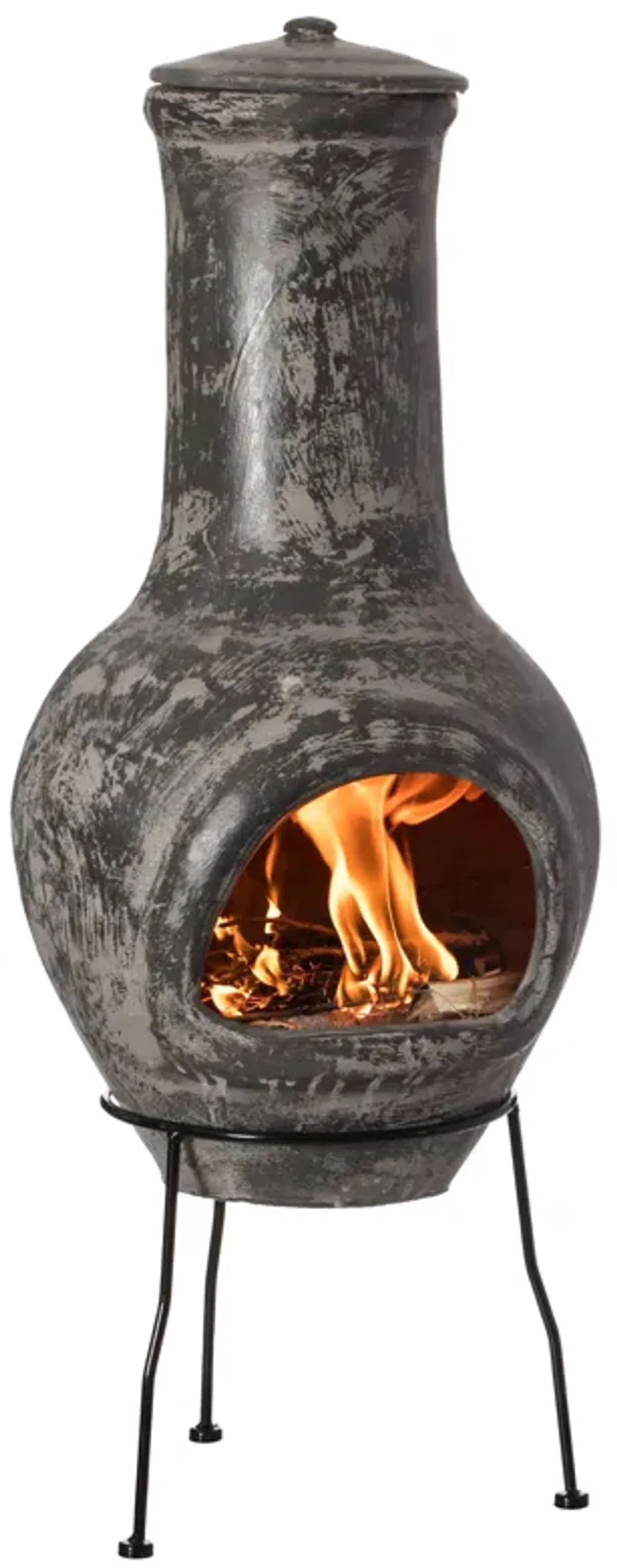 Gray Outdoor Clay Chiminea Outdoor Fireplace Stoney Scribbled Design Charcoal Burning Fire Pit with Sturdy Metal Stand, Barbecue, Cocktail Party, Family Gathering, Cozy Nights Fire Pit