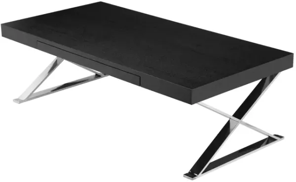 Rix 48 Inch Coffee Table, 1 Drawer, X Shape Steel Legs, Black Wood Top - Benzara