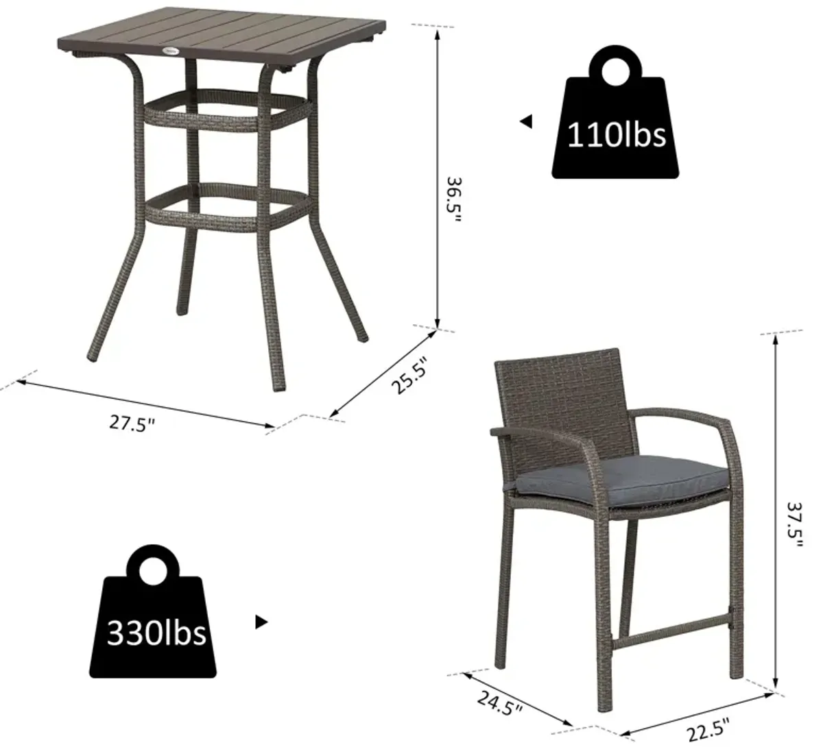 Grey Outdoor Bar: 3PC Rattan Wicker Set with Wood Grain Table Top