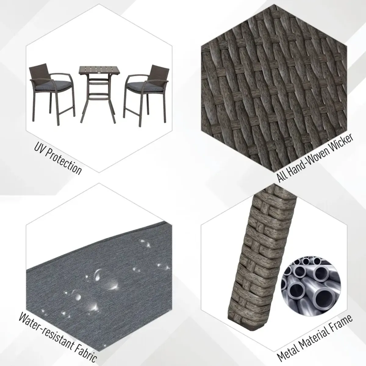 Grey Outdoor Bar: 3PC Rattan Wicker Set with Wood Grain Table Top