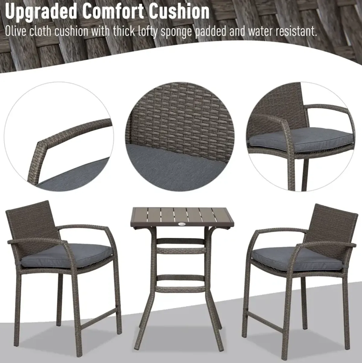 Grey Outdoor Bar: 3PC Rattan Wicker Set with Wood Grain Table Top