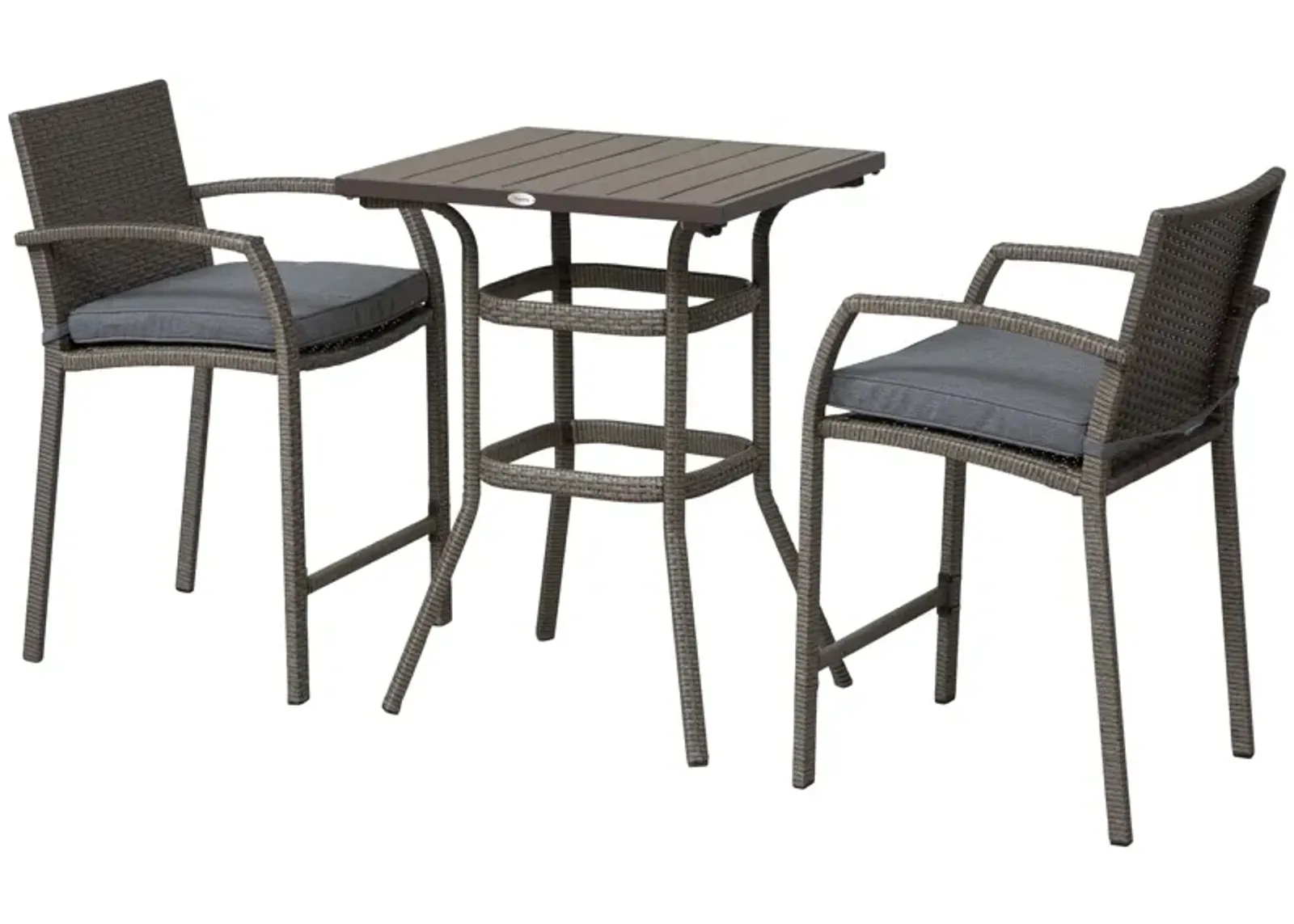 Grey Outdoor Bar: 3PC Rattan Wicker Set with Wood Grain Table Top