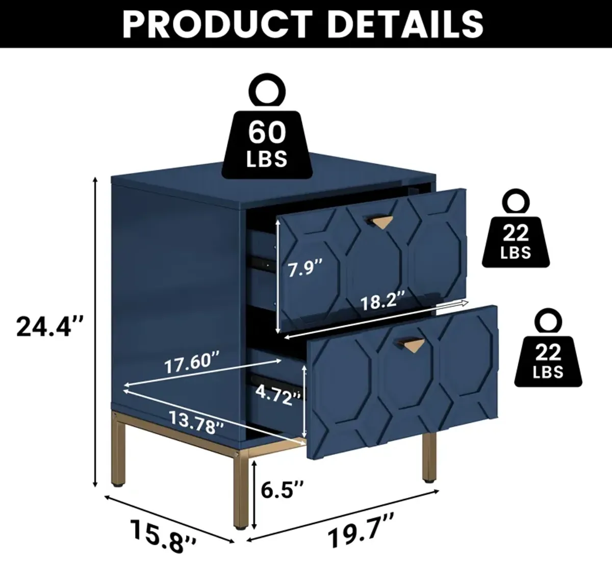 24.4 in. H Black Freestanding Storage Cabinet with 2 Drawers