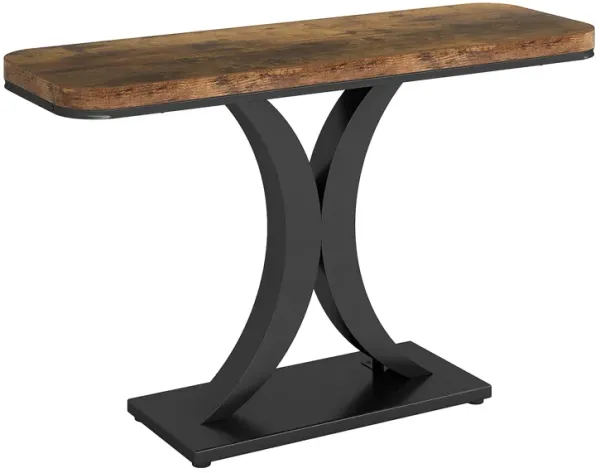Console Table, Rustic Brown MDF, 39 Inch Geometric Black Metal Base