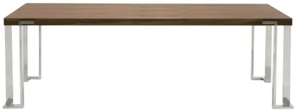 Cid Zyla 95 Inch Dining Table, Rectangular, Stainless Steel, Walnut Brown - Benzara