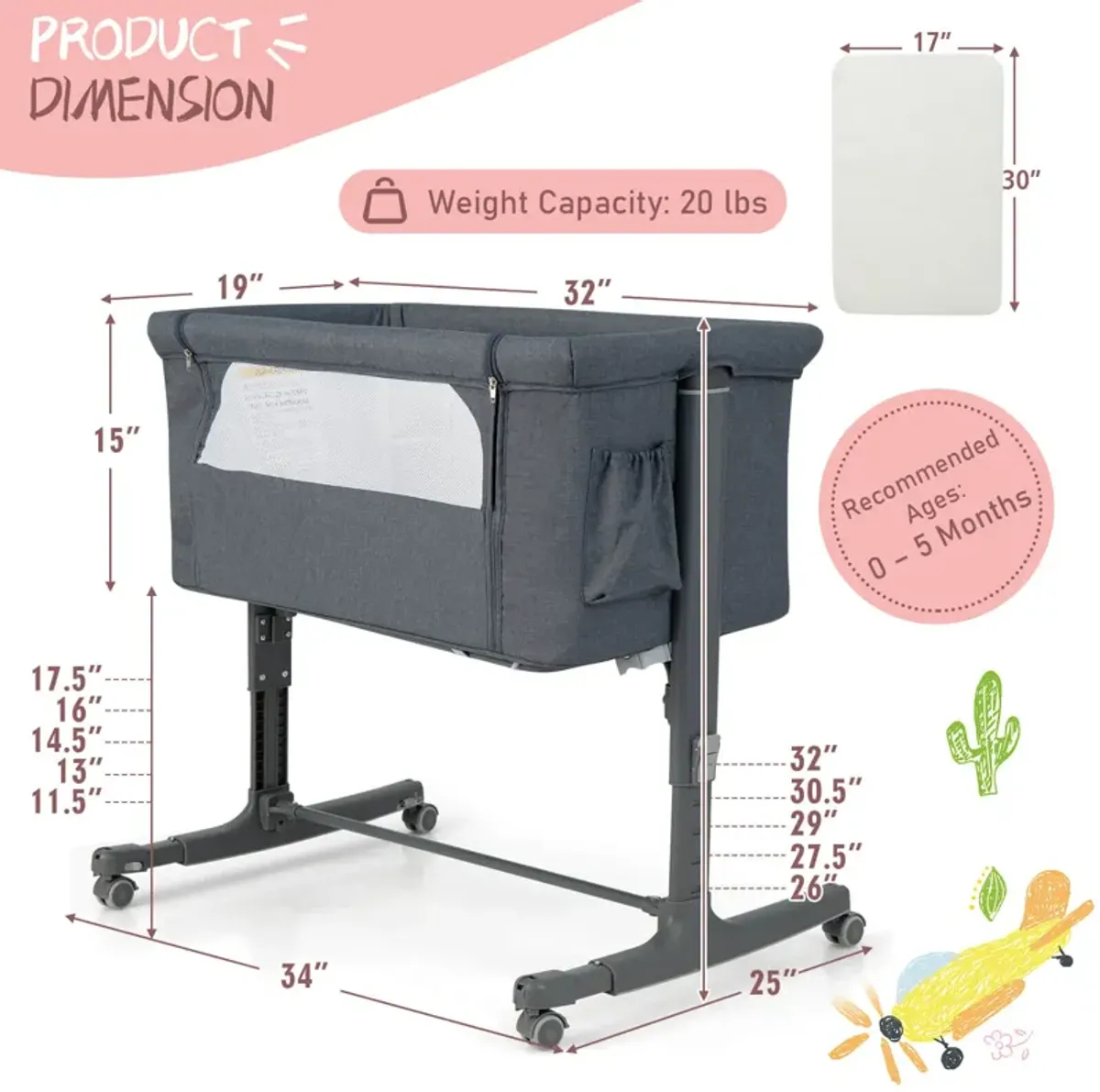 Portable Baby Bedside Bassinet with 5-level Adjustable Heights and Travel Bag