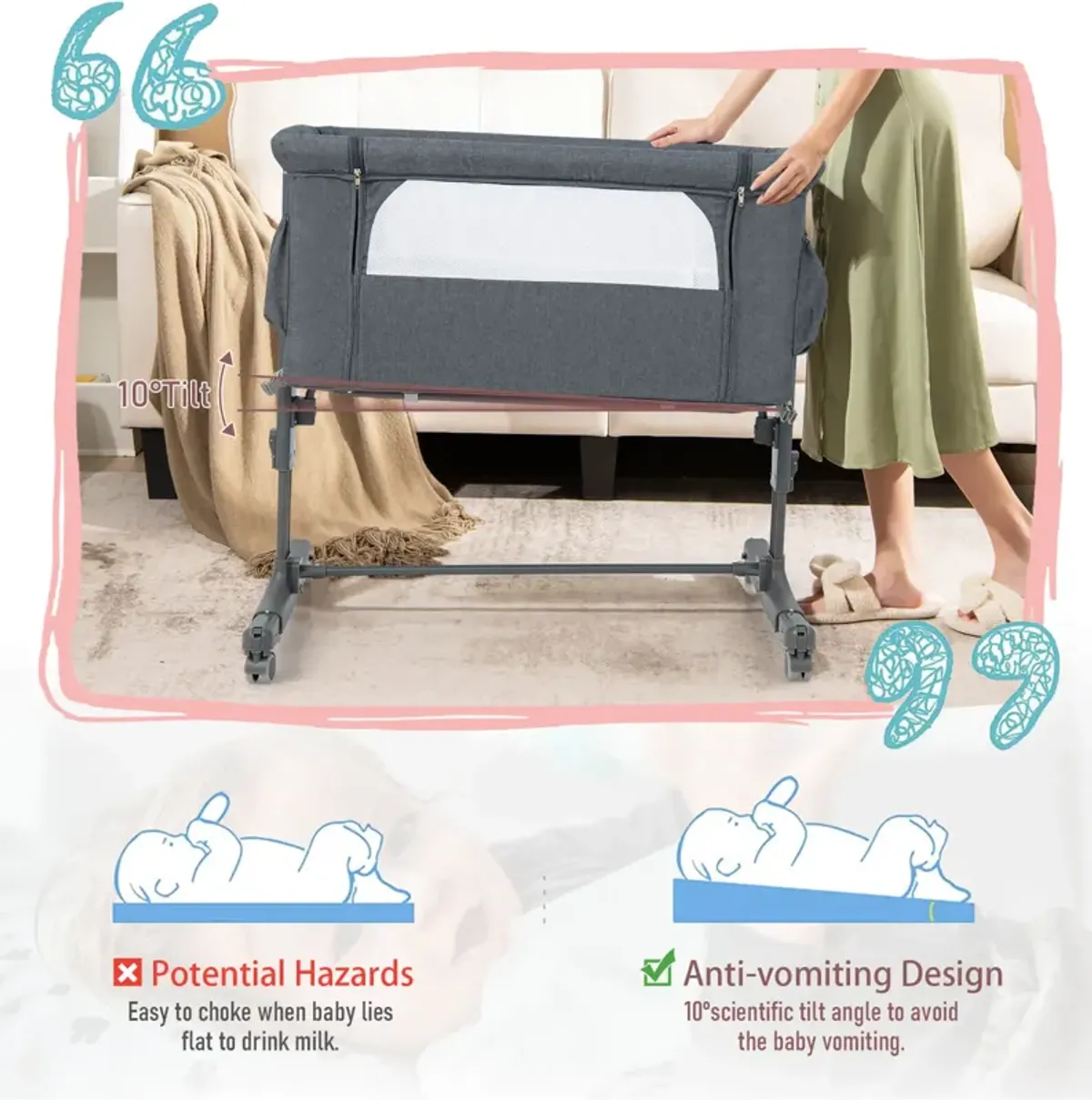 Portable Baby Bedside Bassinet with 5-level Adjustable Heights and Travel Bag