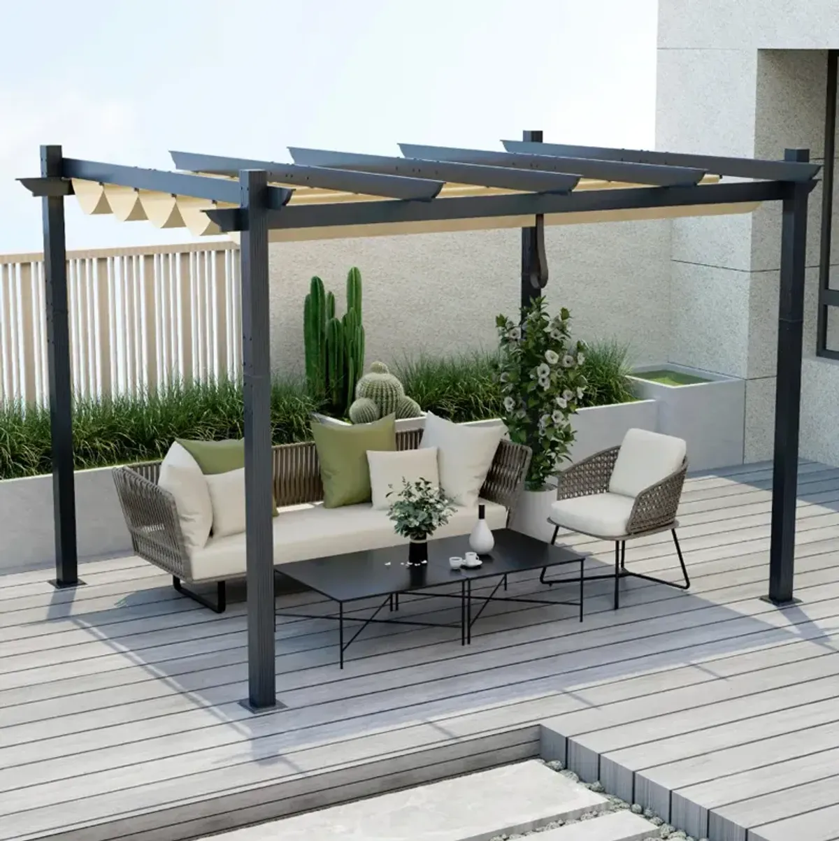 10x12 Feet Outdoor Aluminum Retractable Pergola Canopy Shelter with Grape Trellis