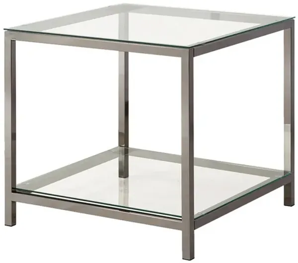 Glass Top End Table with Metal Frame and Open Shelf, Nickel-Benzara