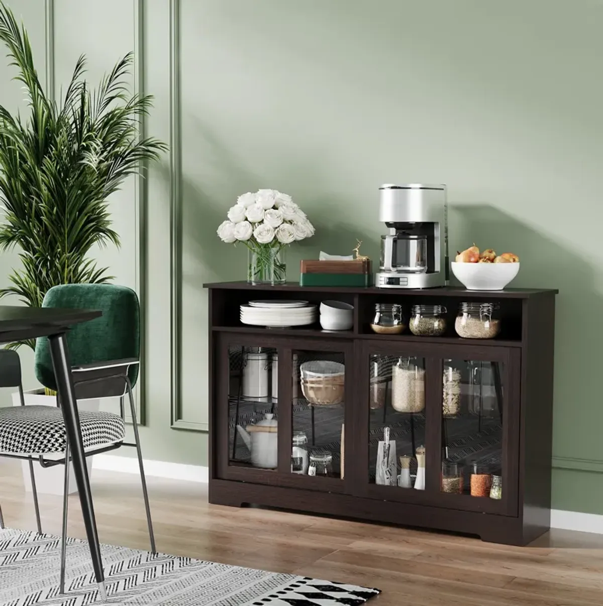 Dark Brown Kitchen Buffet: Modern Cabinet with Sliding Glass Doors