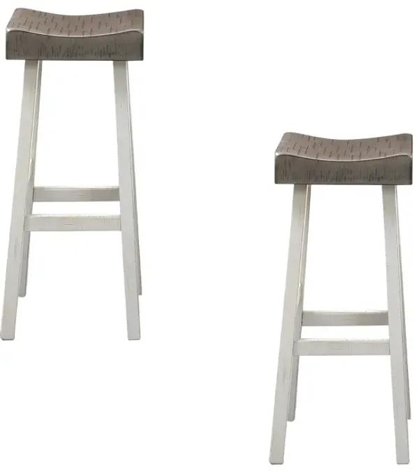 Bianca Barstool Set of 2, Dark Gray Saddle Seat, White Solid Wood - Benzara