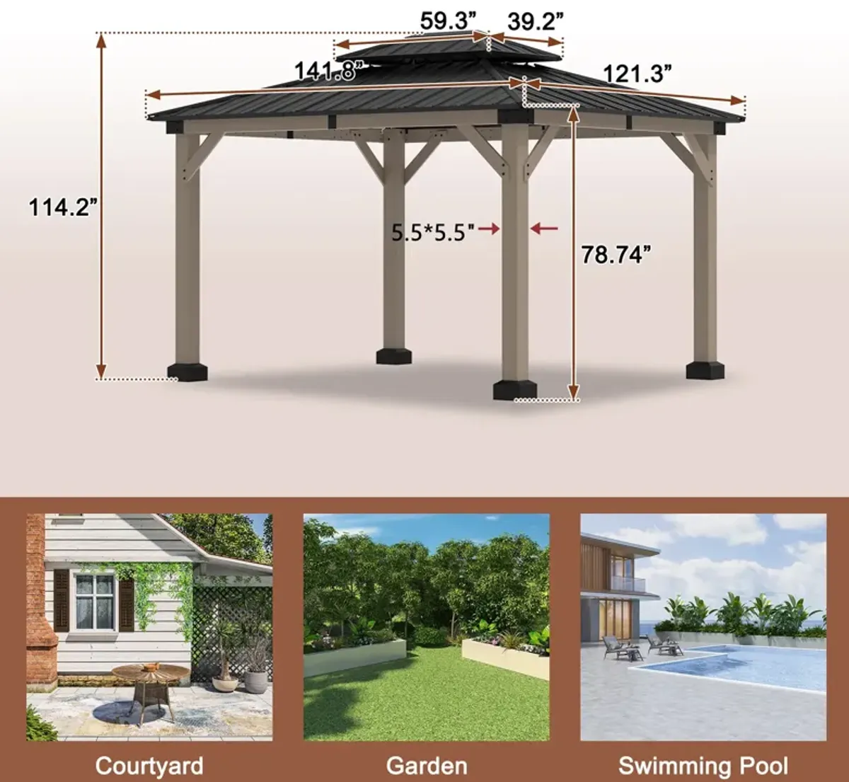 MONDAWE 10 ft. x 12 ft. Outdoor Cedar Wood Frame Outdoor Gazebo Galvanized Steel Hardtop Canopy Outdoor Shade for Deck Garden Concrete Platform