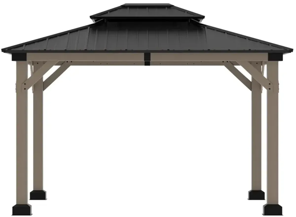 MONDAWE 10 ft. x 12 ft. Outdoor Cedar Wood Frame Outdoor Gazebo Galvanized Steel Hardtop Canopy Outdoor Shade for Deck Garden Concrete Platform