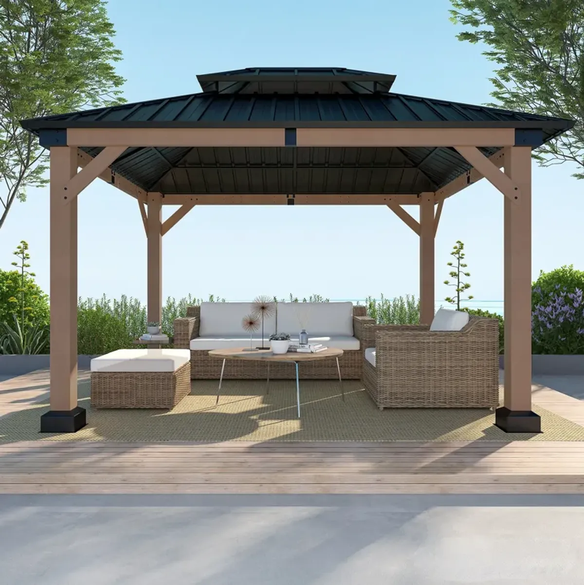 MONDAWE 10 ft. x 12 ft. Outdoor Cedar Wood Frame Outdoor Gazebo Galvanized Steel Hardtop Canopy Outdoor Shade for Deck Garden Concrete Platform