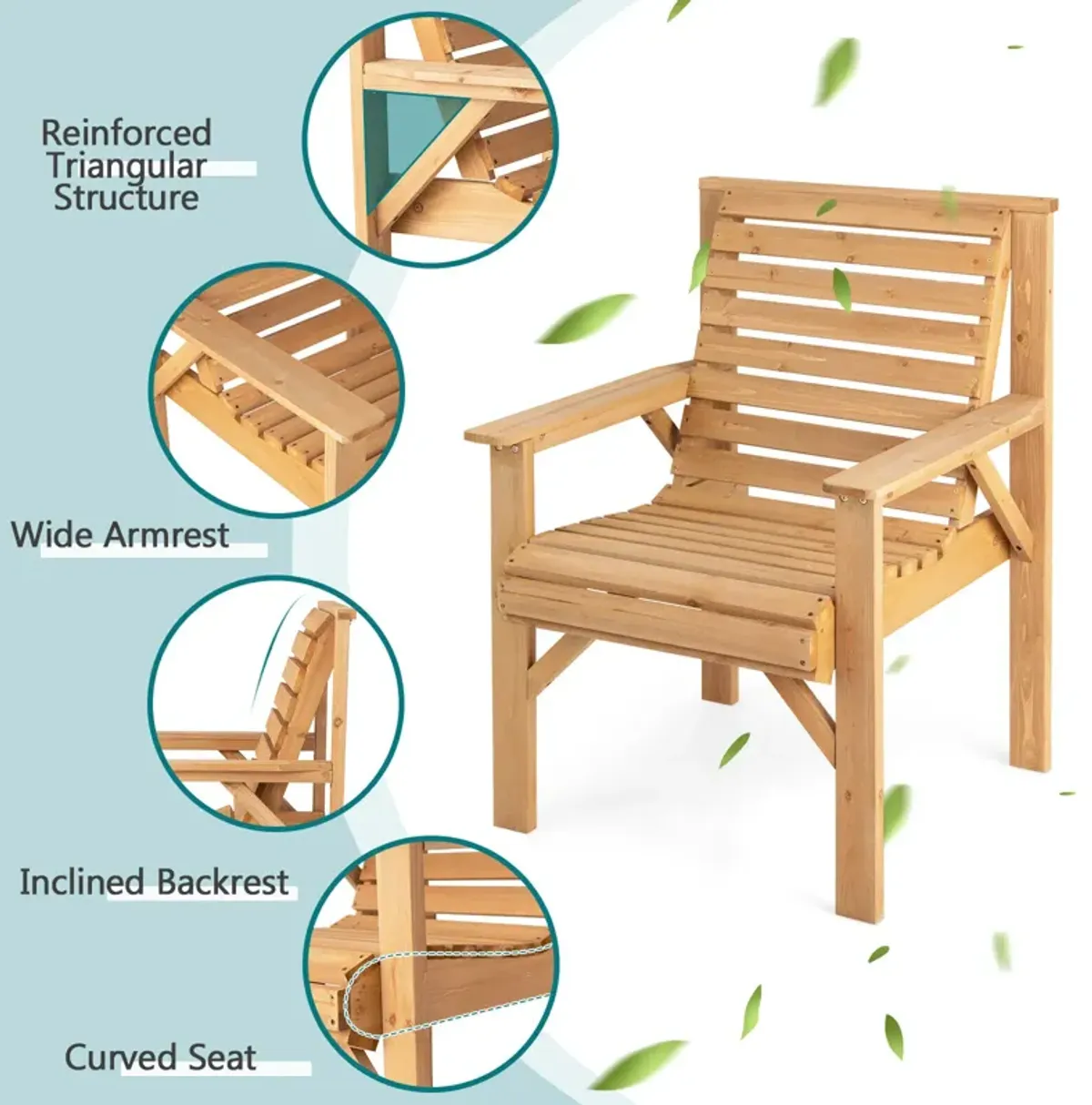 Outdoor Solid Fir Wood Chair with Inclined Backrest