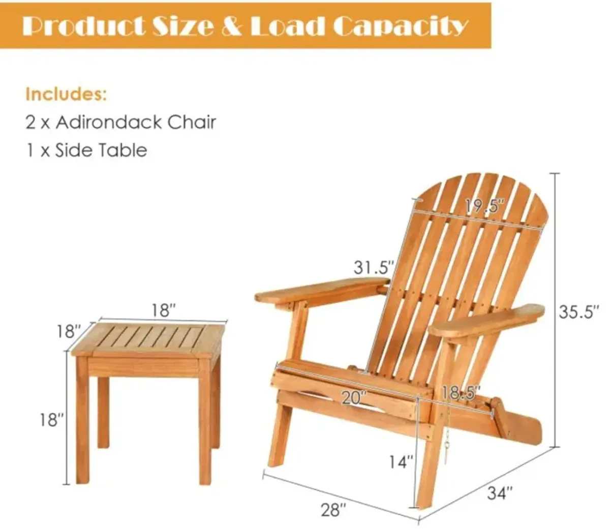 Hivvago 3 Pieces Adirondack Chair Set with Widened Armrest