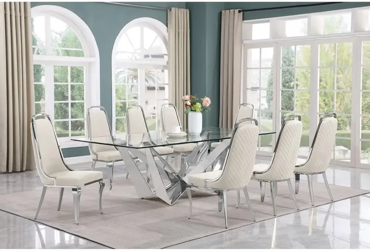 9pc Large(94") glass top dining set with silver base and 8 Cream side chairs