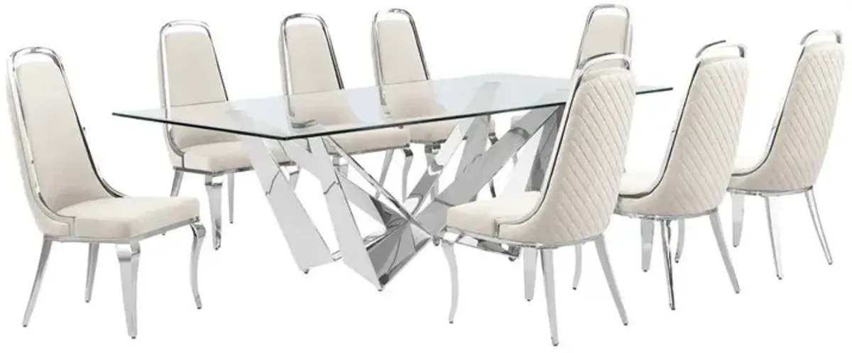 9pc Large(94") glass top dining set with silver base and 8 Cream side chairs