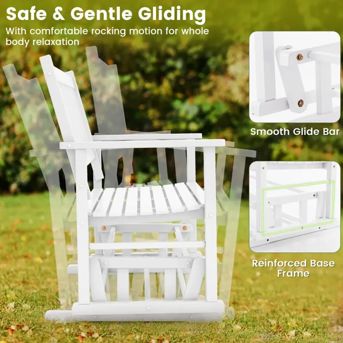 2 Seats Outdoor Glider Bench with Armrests and Slatted Seat-White