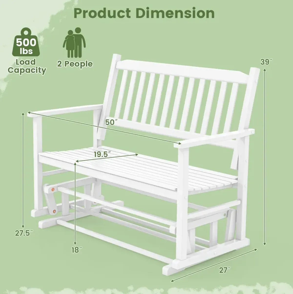 2 Seats Outdoor Glider Bench with Armrests and Slatted Seat-White