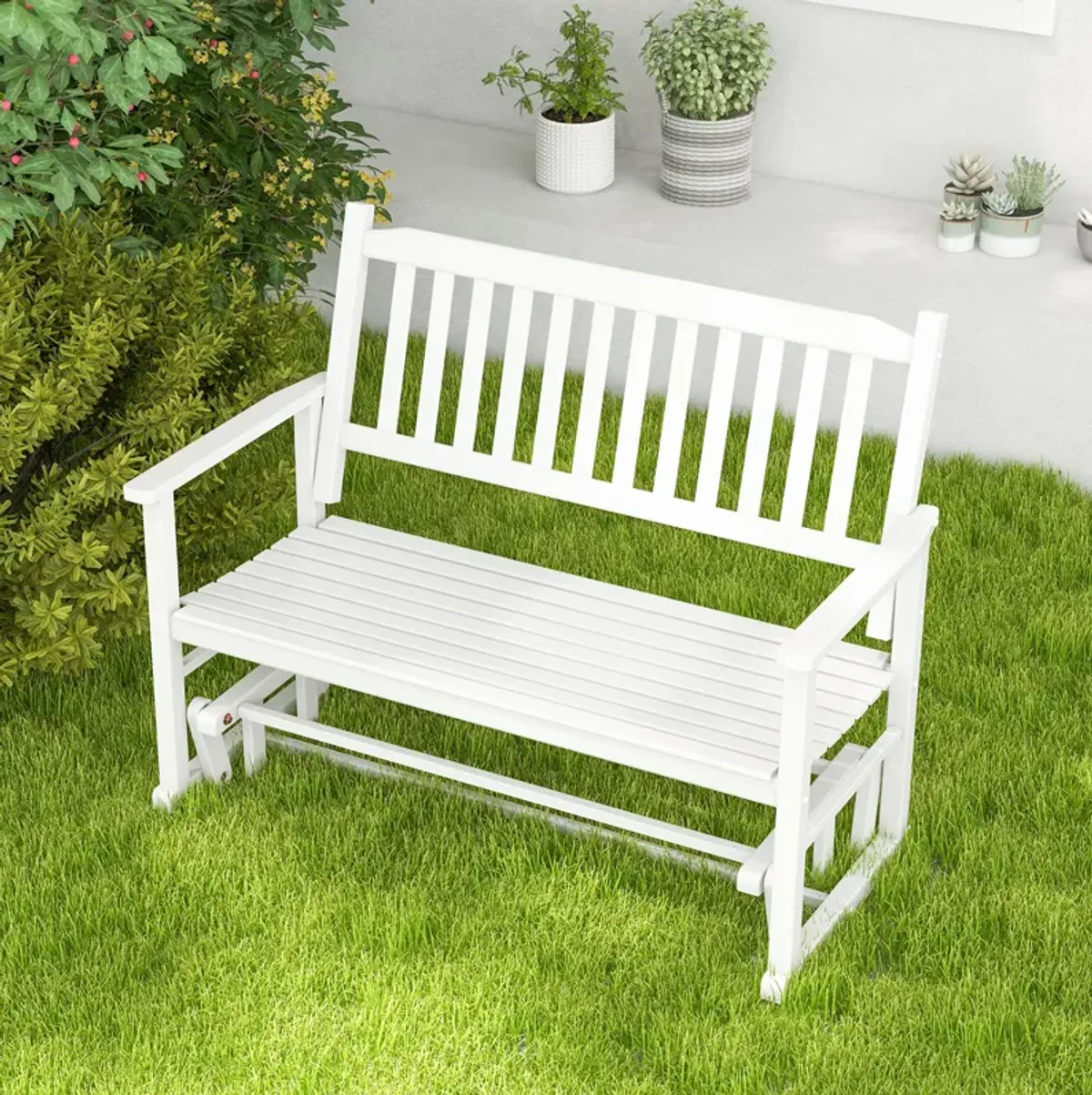 2 Seats Outdoor Glider Bench with Armrests and Slatted Seat-White