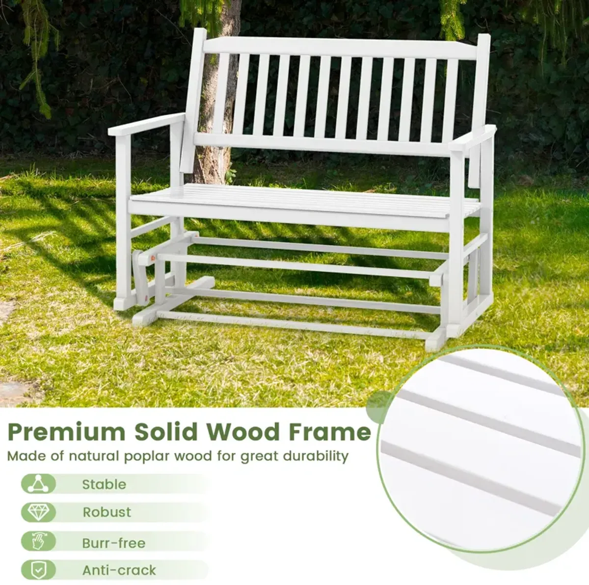 2 Seats Outdoor Glider Bench with Armrests and Slatted Seat-White